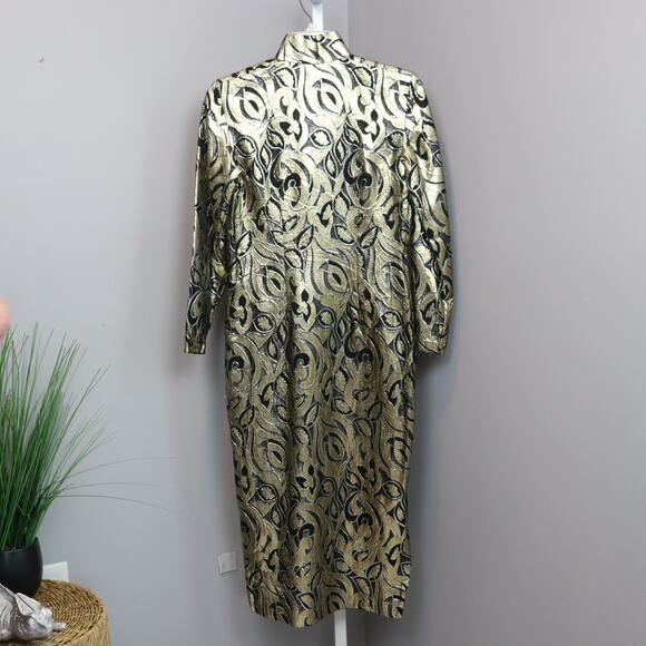 Vintage Handmade Gold & Black Lame Brocade Dress High Neck Long Sleeve Glam M/L - Picture 2 of 7